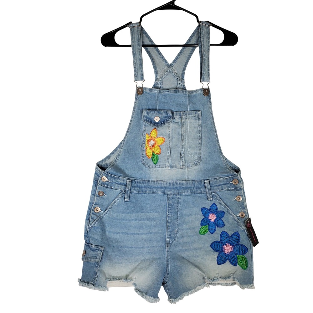 No Boundaries Womens Floral Embroidered Denim Shortalls Light Wash XL 15-17 NWT